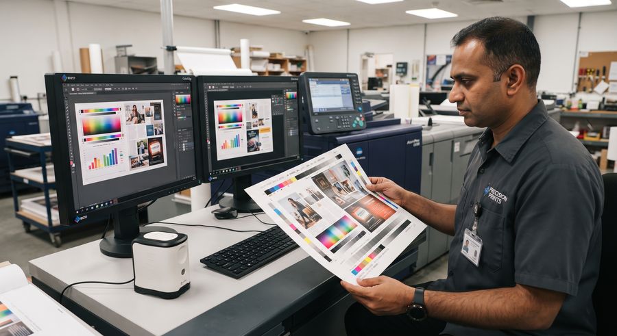 Operator checking a printed proof against calibrated monitors