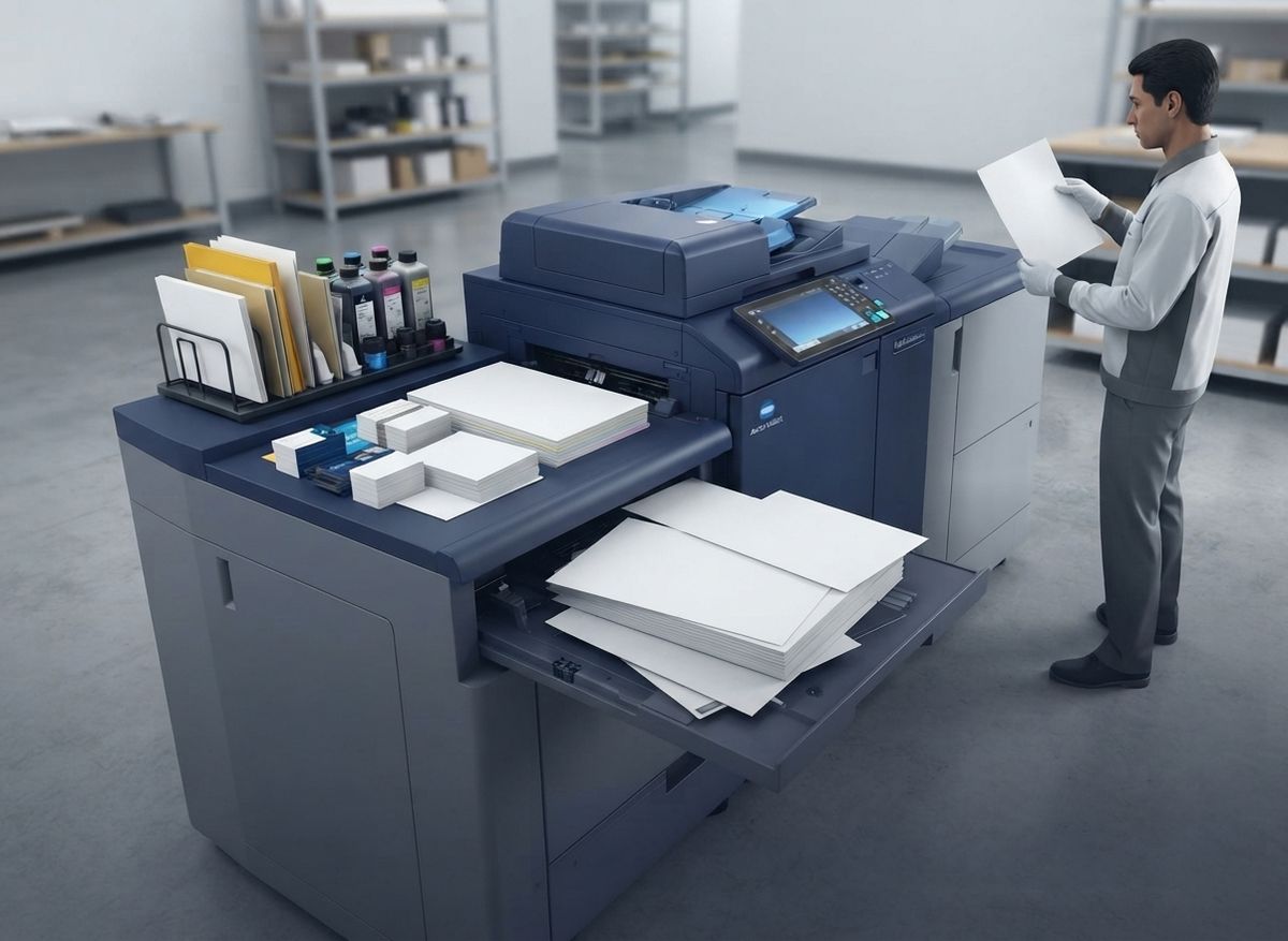Operator handling printed sheets at a production press