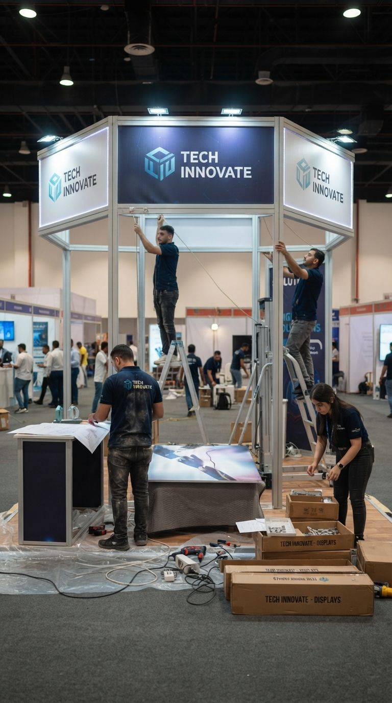 Installers fitting printed graphics to a branded exhibition stand