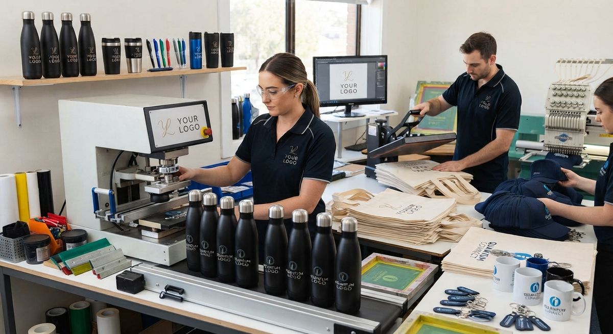 Branded bottles, bags and embroidered apparel being produced