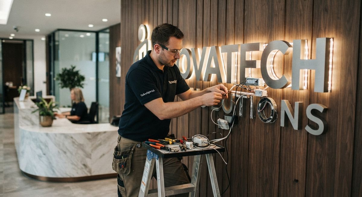 Technician installing illuminated 3D letter signage