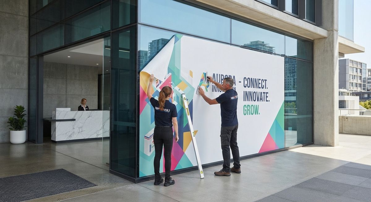 Installers applying a large printed window graphic