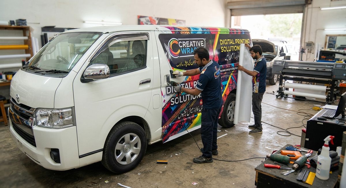 Van being wrapped with printed vinyl graphics